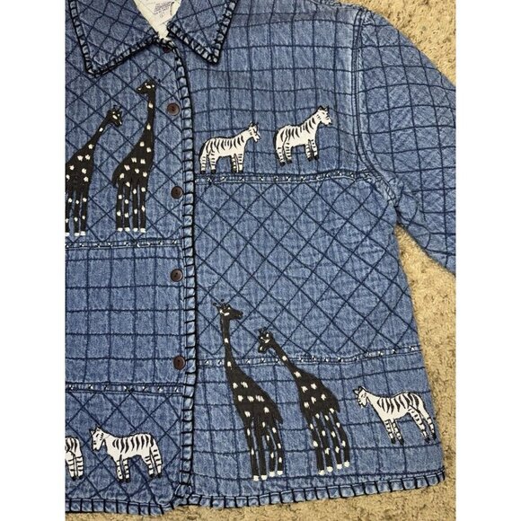 Vintage 90s Giraffe Denim Jacket Womens LARGE Blue Quilted Safari Travel Animal - Picture 6 of 9